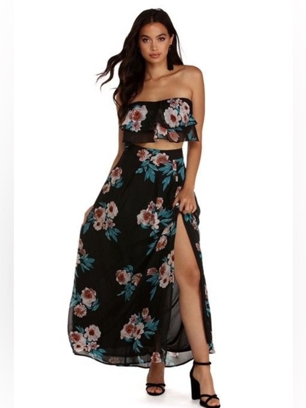 Windsor Flora Floral Chiffon Two-Piece Maxi Dress Set - Sizes S/M